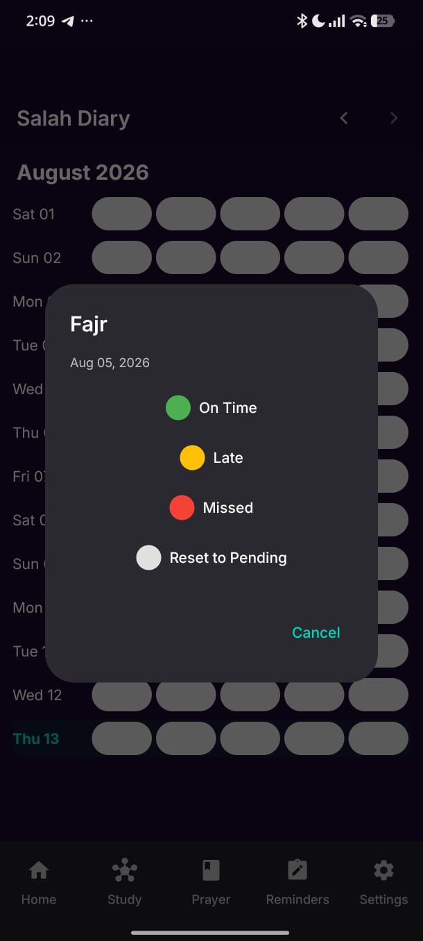 Salah diary screen with month grid, streaks and heatmap analytics